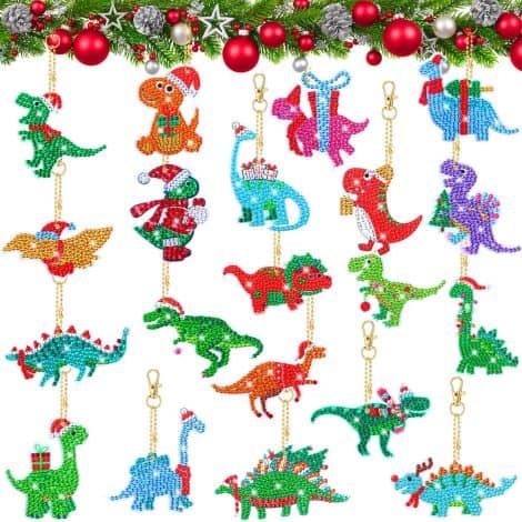 Gift your loved ones a 20-piece Christmas diamond painting kit with dinosaur theme for festive crafting.