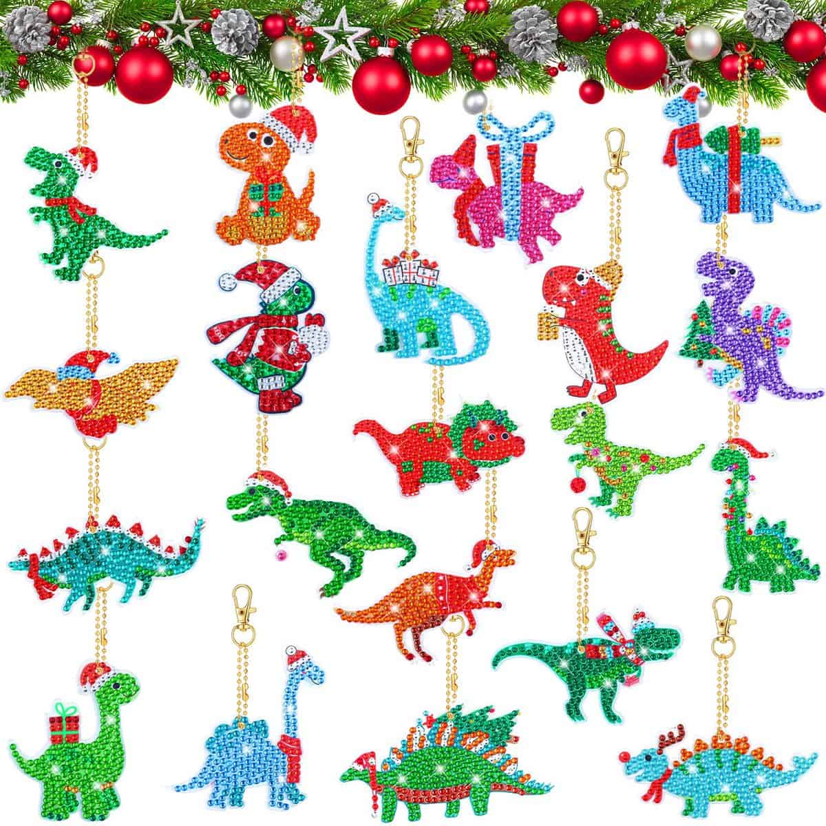 20 Pcs Christmas Diamond Painting Kit for Kids Adults New Year Gift Dinosaur Theme 5D DIY Gem Point Drill Keychains Diamond Art Painting Tools for Holiday Craft Decoration