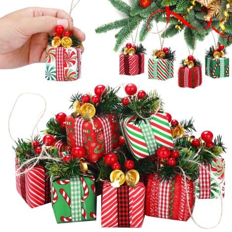 12-piece Christmas Mini Ornaments Gift Box Set with Bells, Berries – perfect for indoor/outdoor Xmas decor!