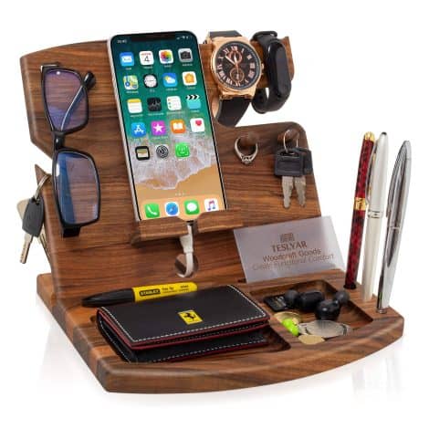 Walnut Wood Phone Docking Station: Convenient organizer with hooks for keys, wallet, watch; ideal Indian gift for all occasions.