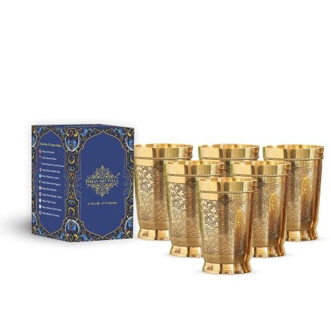 Set of 6 Pure Brass Glass Tumblers by INDIAN ART VILLA with Embossed Design, perfect for water, yoga & Ayurveda, 300ml each.