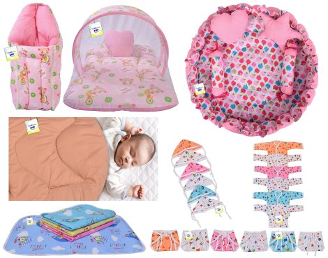 New Baby Gift Set with Bedding and Clothes for newborns in various colors (0-6 months).