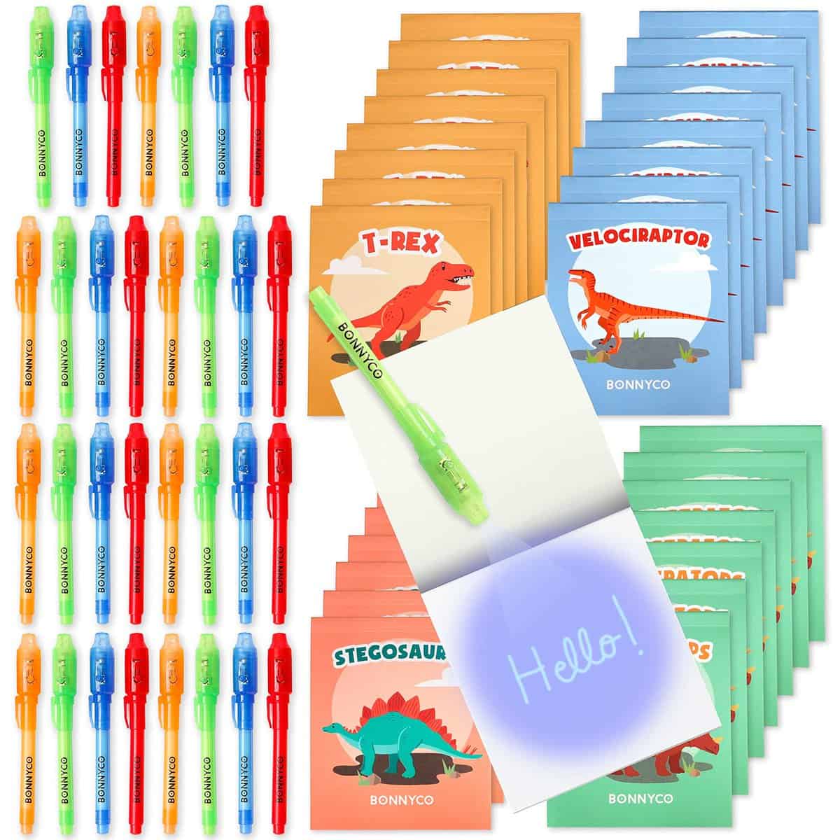 Invisible Ink Pen and Notebook, Pack 32 Dinos - BONNYCO | Party Bags Filler & Pinata Toys | Dinos Birthday Decorations | Stocking Fillers for Kids Birthday | School Prizes & Gifts for Children