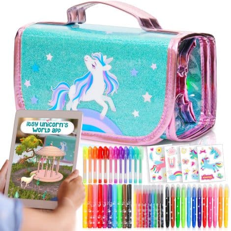 Amitié Lane Unicorn Toys for Girls is a scented marker set with a Unicorn pencil case; perfect for Indian girls aged 6-8, for art and craft coloring, along with an augmented reality app.