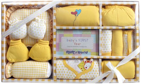 Introducing MOM CARE Newborn Baby Gift Set: A comprehensive package of essential clothes for baby boys, girls, or unisex in yellow.