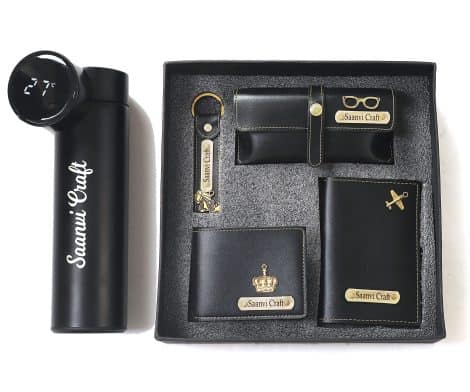 Personalised Combo Pack – LED Flask Bottle, Passport Cover, Eye Wear Case, Keychain & Wallet (Black)