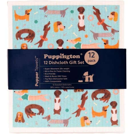 Pupper Towels: 12-pack Swedish dishcloths for Indian kitchens, perfect dog mom gifts, eco-friendly with 12 breeds.