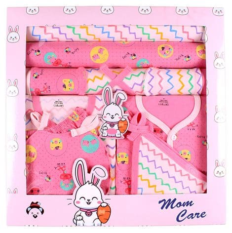 MOM CARE Newborn Gift Set includes 10 essential items for your newborn baby boy, girl, or unisex in pink.