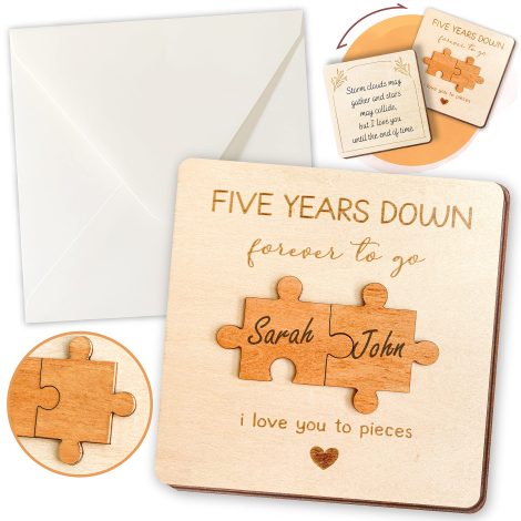 Celebrate 5 years of togetherness with STOFINITY Anniversary Card! Perfect wooden gift to cherish your love.