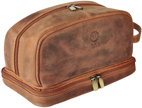 Rustic Town’s Authentic Brown Leather Toiletry Bag is an ideal travel organizer for grooming essentials. Perfect for both men and women.