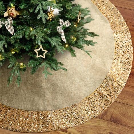 Festive Home Decor: Traditional 4ft Xmas Tree Skirt in Burlap & Gold Sequin Trim for Indians!