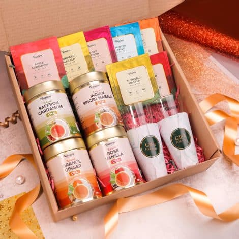 Teaniru Tea Gift Hamper, the Essence of Chai in 4 Flavors with Reusable Tins, Glasses, and Wellness Sachets. Perfect for Tea Lovers!