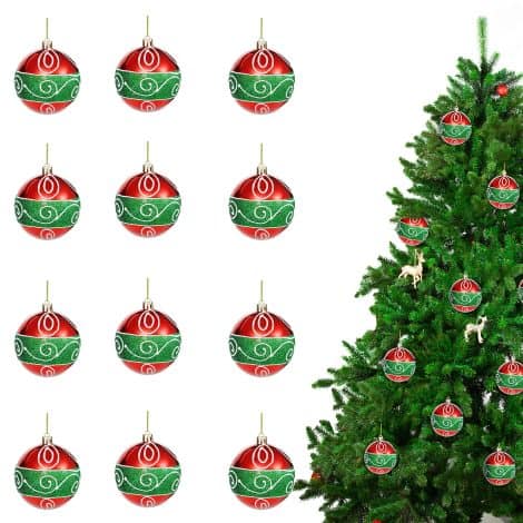 12 pieces of Christmas tree decorations with textured, shatterproof hanging balls in red and green for festive decorations.