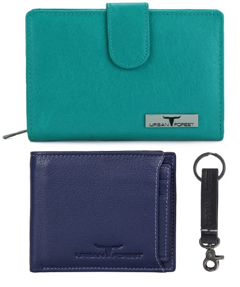 URBAN FOREST Skylar Shades of Blue Leather Wallets & Keyring Combo, perfect for Indian Men & Women.