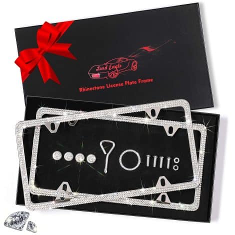 Luxury Bling Glitter Diamond License Plate Frames: Handmade for women and men, diamond firm, waterproof. Front and back plates with gift box. Set of 2.