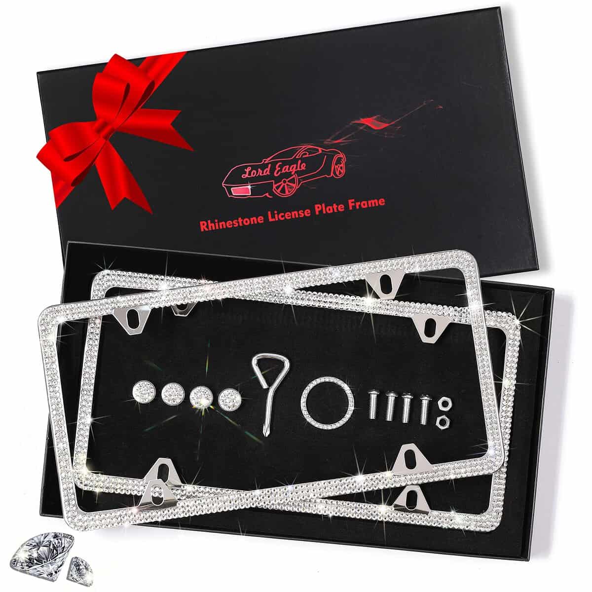 Lord Eagle Bling Glitter Diamond Narrow Border License Plate Frame for Women Men, Luxury Handmade, Diamon Firm Waterproof, Front Back License with Gift Box（2pack）