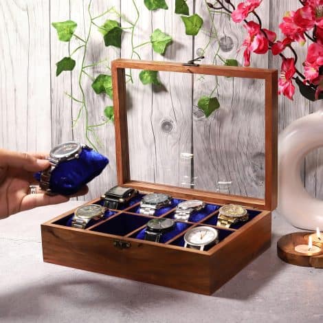 Handcrafted Wooden Watch Box, perfect for couples, with lock, ideal for gifting on special occasions.