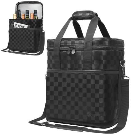 OPUX 6 bottle carrier tote, a stylish black square wine cooler bag, perfect for travel, picnics, and parties.