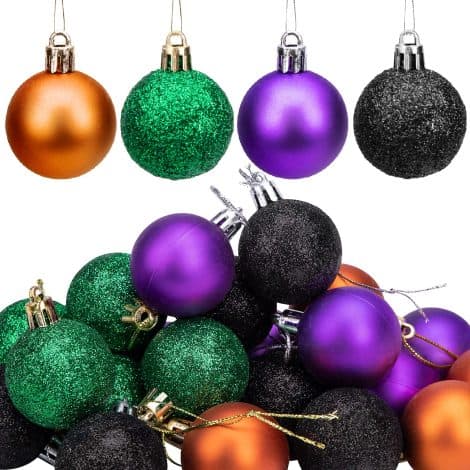 24 pieces of sparkly Halloween hanging balls – perfect for decorating your Christmas tree for Halloween parties.