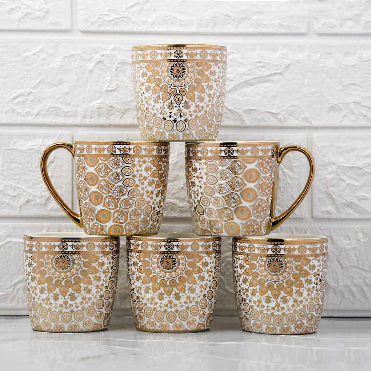 Femora Indian Floral Medallion Golden Tea Mugs, Ceramic Tea Cups, Coffee Mugs (160 ml, Golden) - 6 Pcs Set (NOT Microwave Safe)