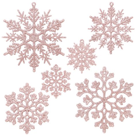 Set of 36 Rose Gold Snowflake Ornaments for Christmas tree decoration, available in 2, 3, and 4 inches.