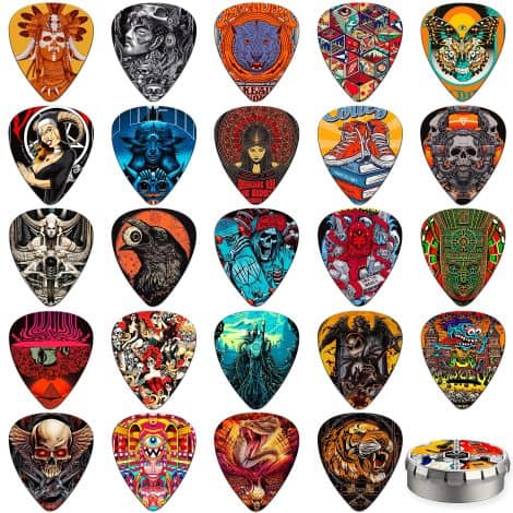 Get 24 K KAREZOG Guitar Picks made of celluloid with a tin box, suitable for all types of guitars.