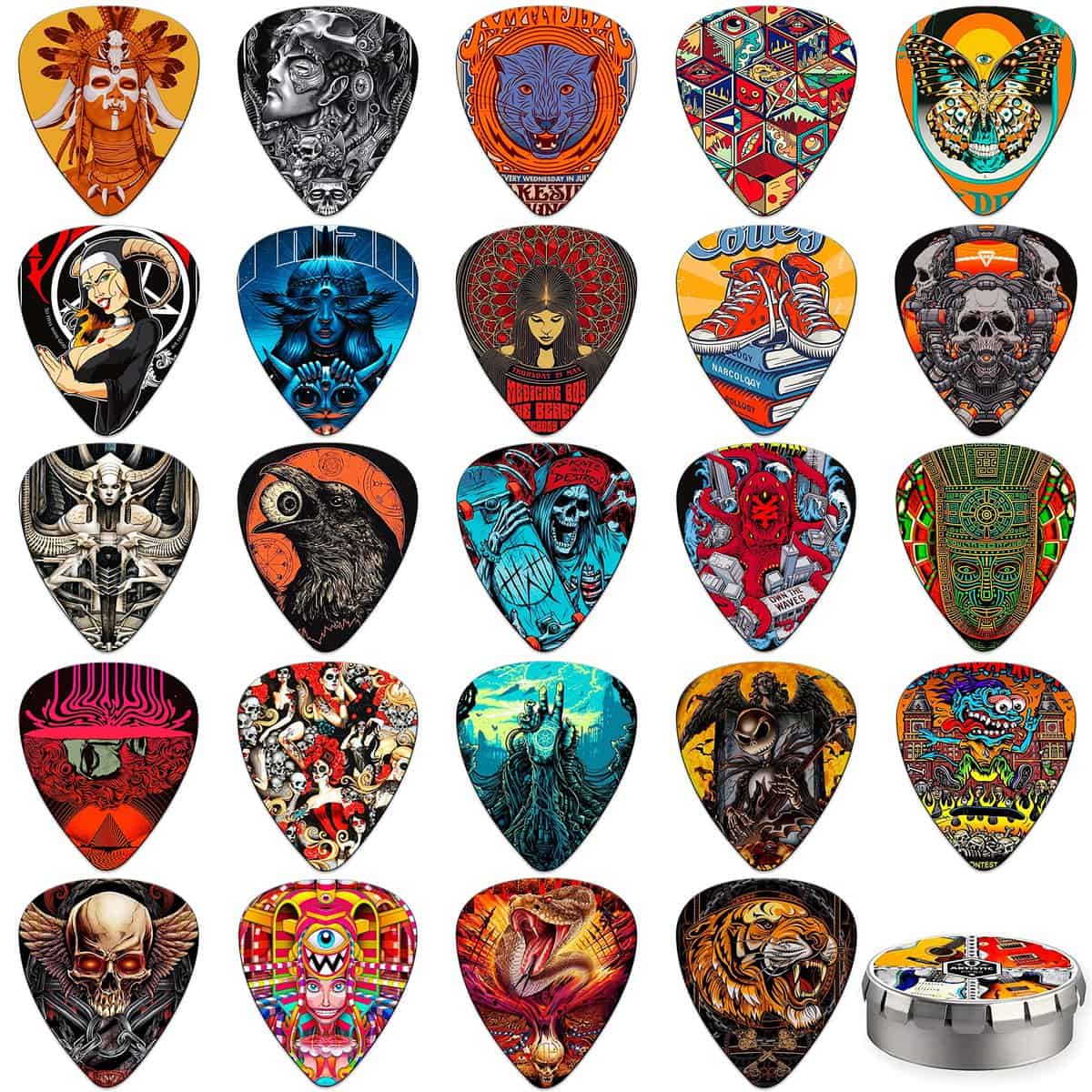 K KAREZOG Guitar Picks,24 Pack Celluloid Thin, Medium, Heavy & Extra Heavy Picks with Tin Box,Unique Artistic Variety Pack Guitar Pick for Acoustic Guitar,Bass Guitar, Electric Guitar (Mix two)