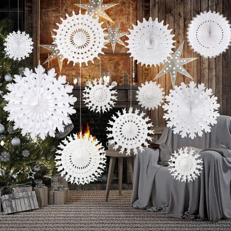 “Assorted-sized TUPARKA 12-piece Hanging Snowflake Decorations for Winter Wonderland Party, Christmas, and Frozen-themed Birthdays.”