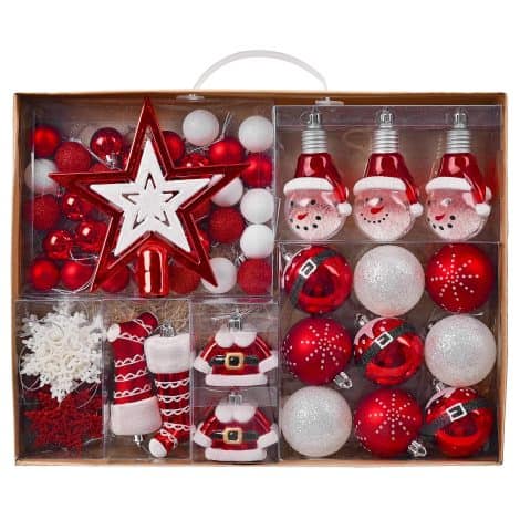 Red and White Christmas Ball Ornaments Set for decorating your Christmas tree, perfect for festive celebrations.
