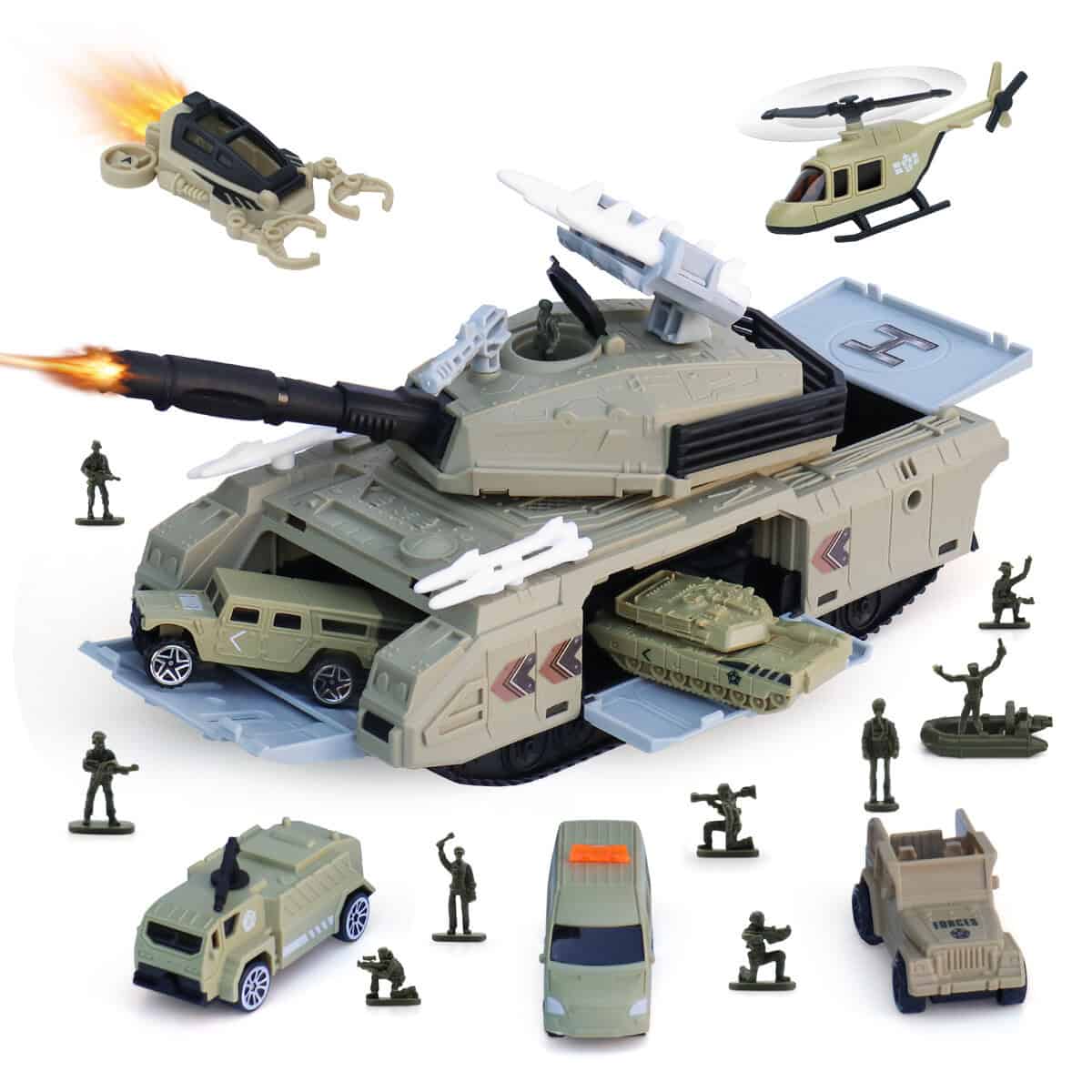 XDUOYJOY Military Tank Toys Set, Army Toys with 7 Vehicles, Trucks and Helicopters, Birthday Gift for 4-7 Year Old Boys, Easy to Store